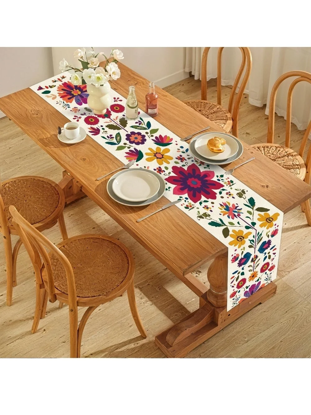 Floral Tile Pattern Table Runner and Placemats Set - Multicolor